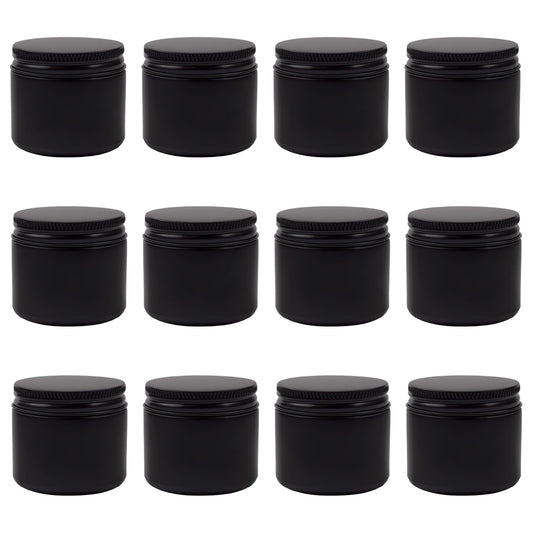 Cornucopia Brands 2-Ounce Black Coated Glass Jars (Pack of 12) Cosmetic Jars with Black Metal Lids and Black Matte Exterior