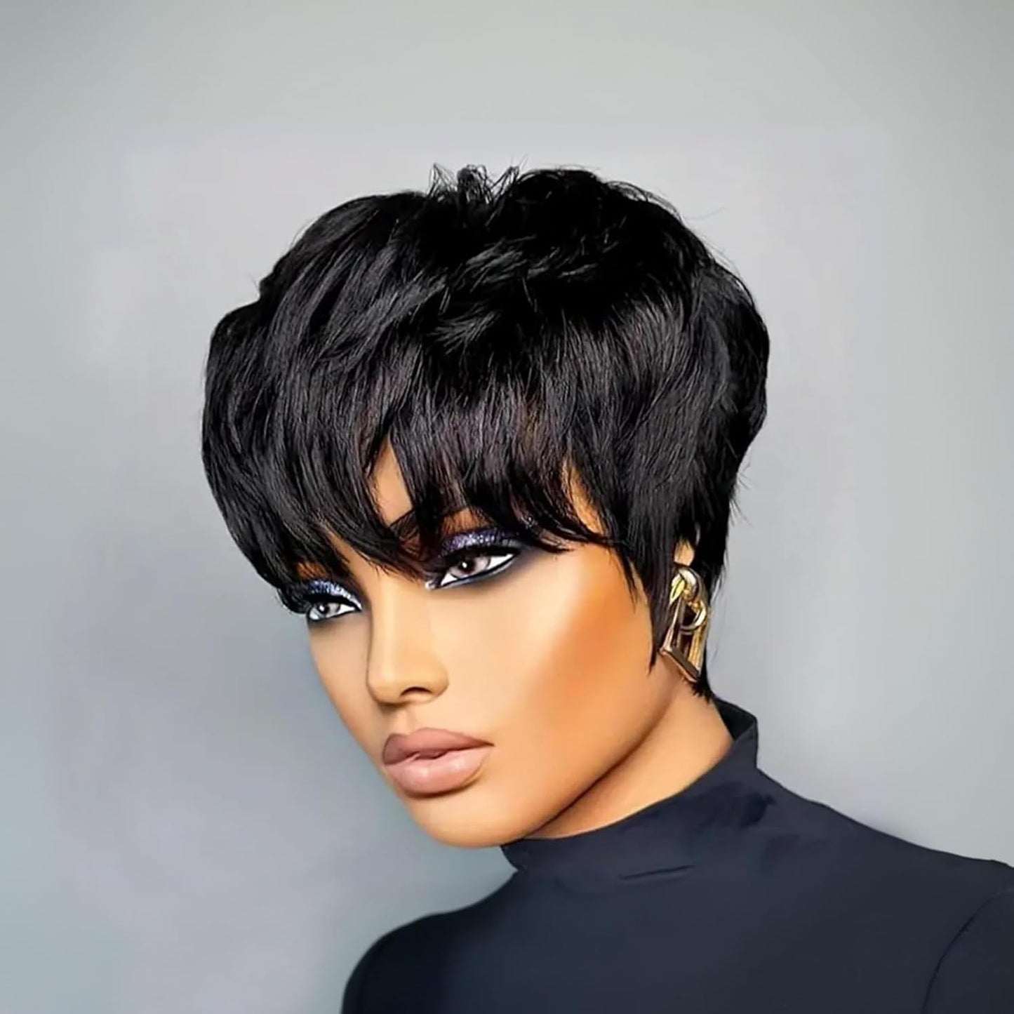 Black Pixie Human Hair Wig for Women - Soft Glueless Layered Style with Bangs | Short Length