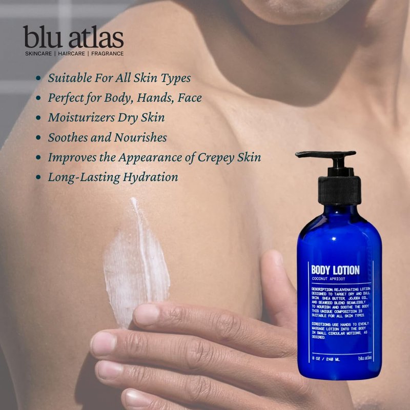 Blu Atlas Nourishing Body Lotion, 8 oz/240 ml – Vegan Shea Butter Body Lotion for Men, Suitable for All Skin Types- Coconut Apricot