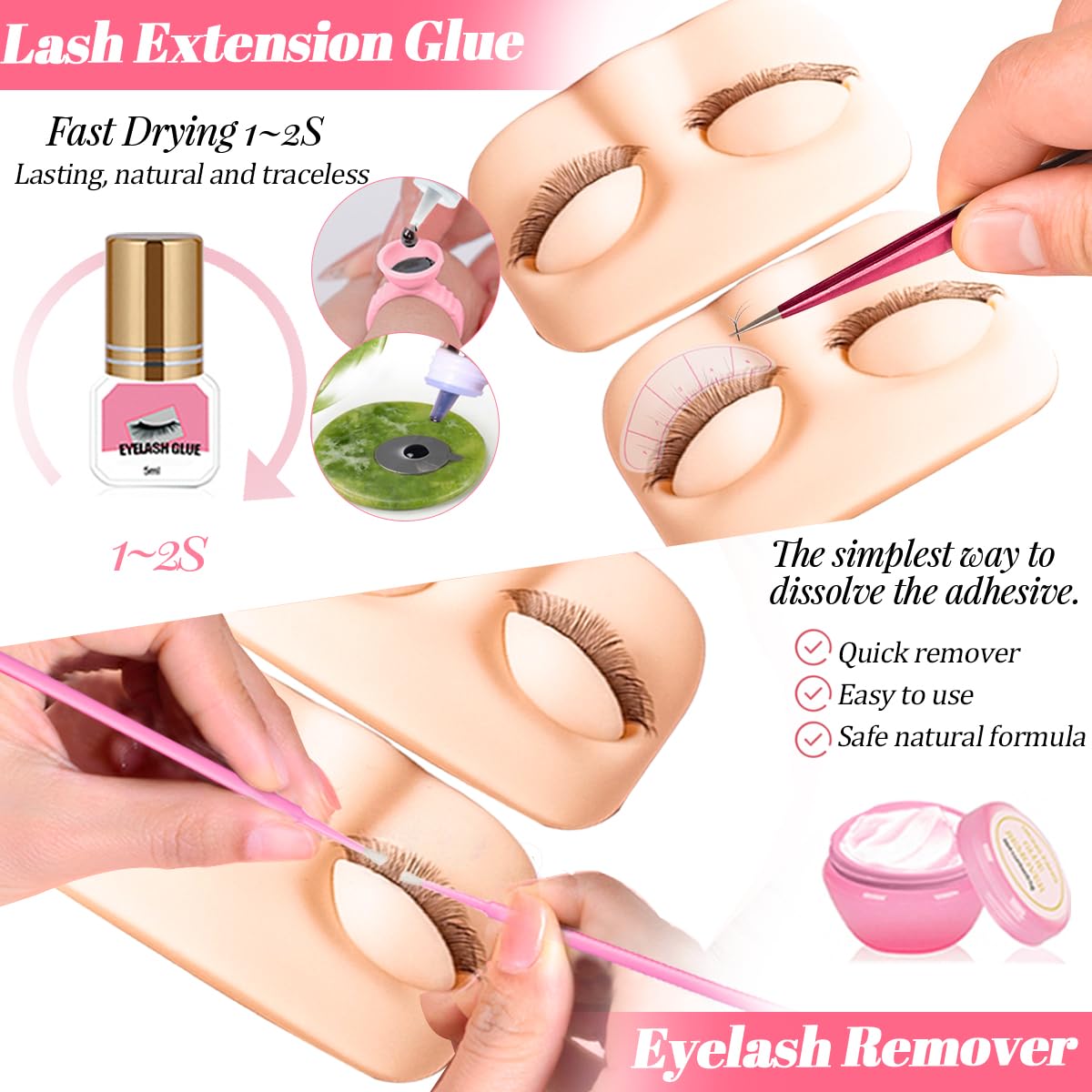 QUKLOGEN Lash Extension Kit for Beginners Lash Mannequin Head with Replaced Eyelids False Eyelashes Practice Eyelash Strips Facial Mister Tweezers Glue USB Fan Professional Set