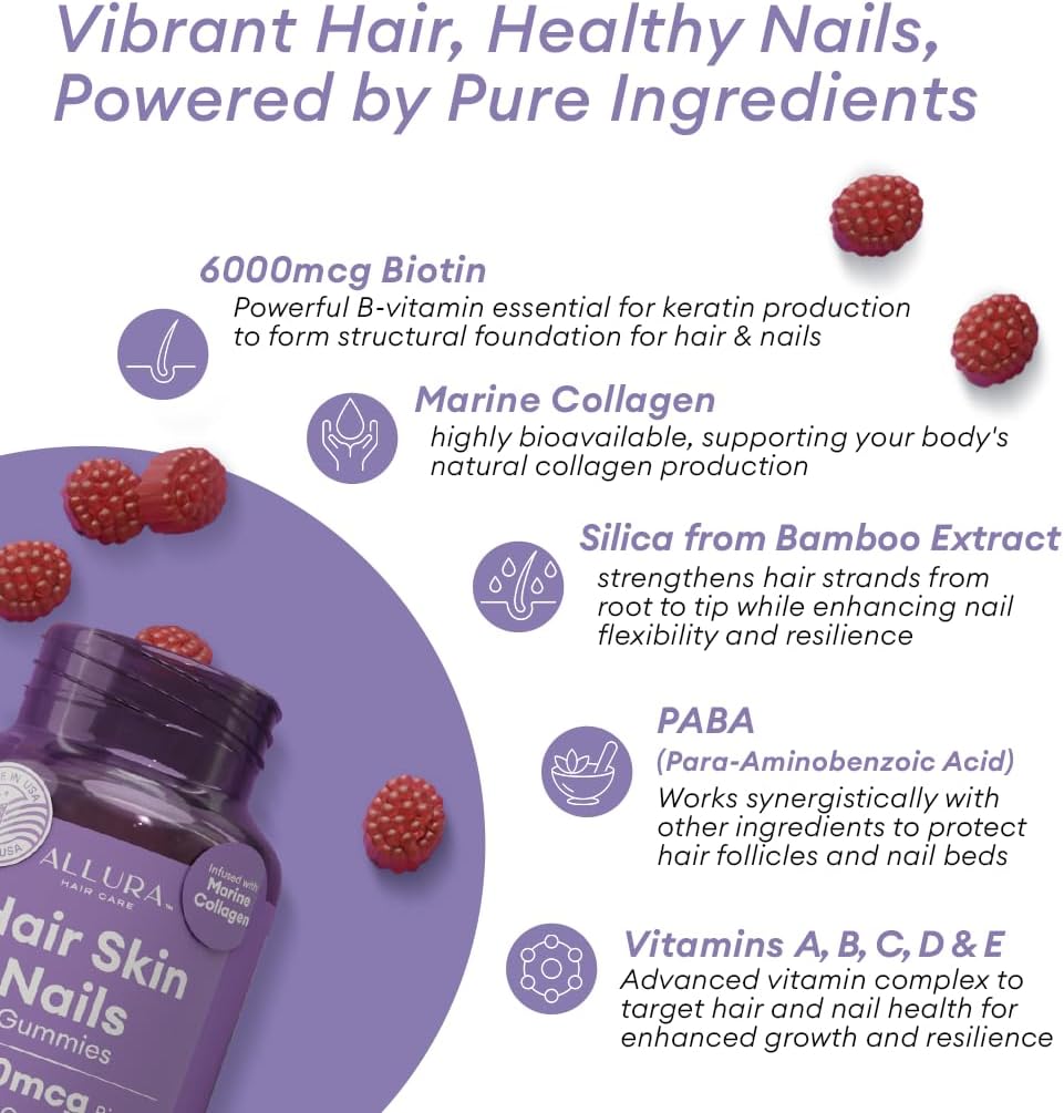Hair Skin and Nails Vitamins - Extra Strength 6000mcg Biotin Gummies with Marine Collagen | Passion Fruit, 60ct for Healthy Hair Growth