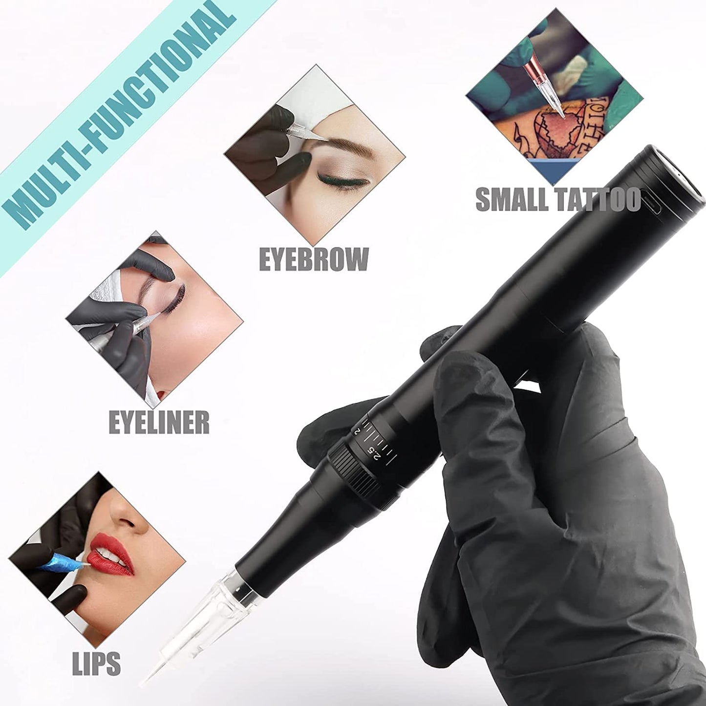Permanent Eyebrow Makeup Wired Tattoo Machine Kit Corded Tattoo Pen with 15pcs Mixed Cartridges Needles for Shading Eyeliner Lip Microshading (Black)