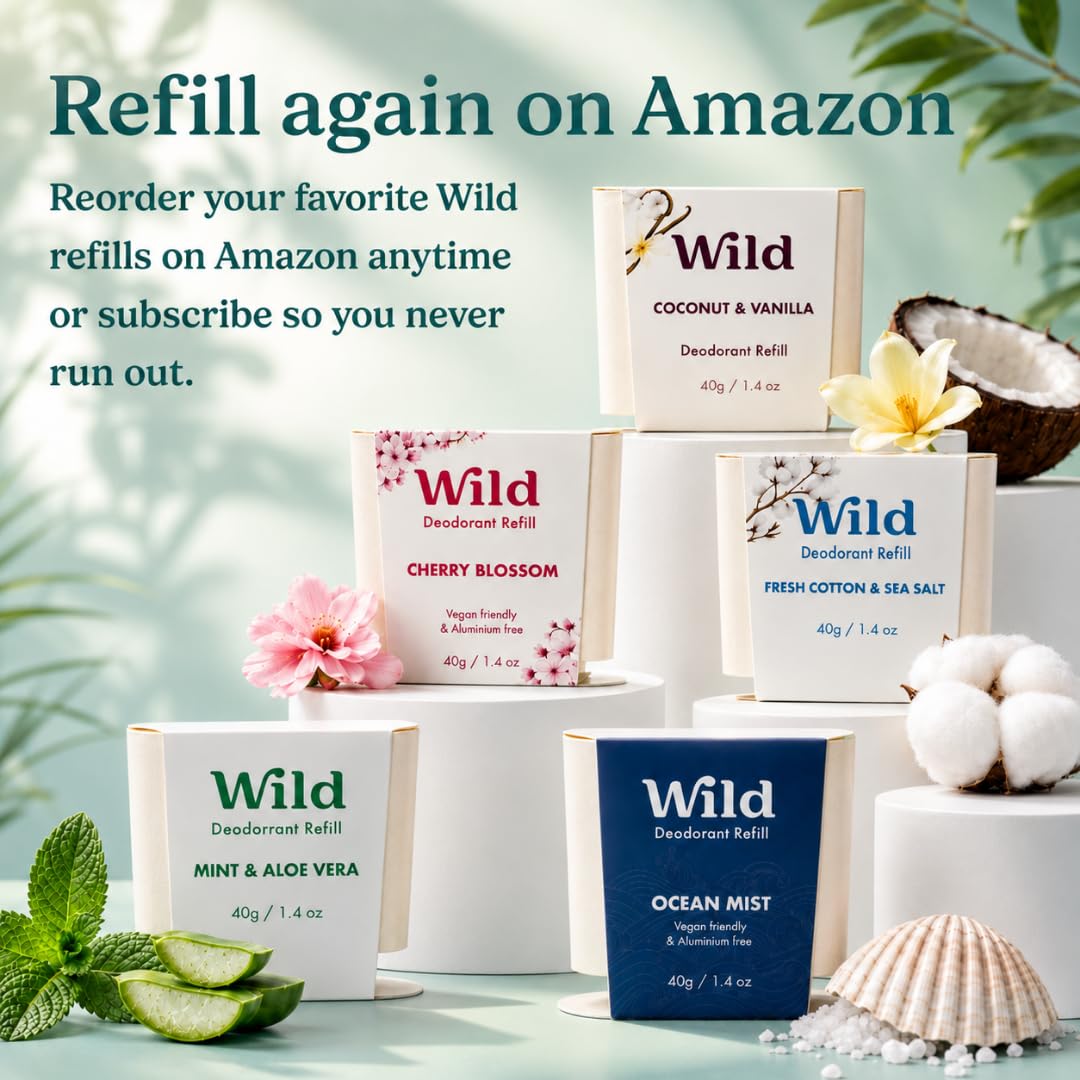 Wild Aluminum Free Natural Deodorant Starter Kit - Refillable Aqua Case - Natural Ingredients & 24 Hour Odor Protection - Women & Men's - Pink Grapefruit & Lime Scent - Case + 1 Refill