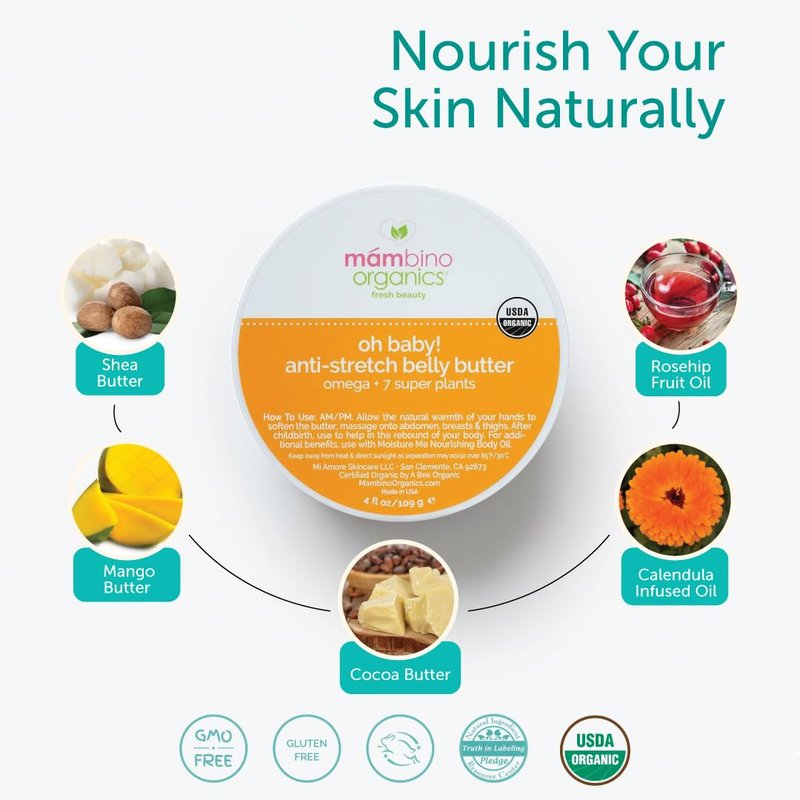 Mambino Organics Oh Baby! Belly Butter, Belly Cream with Shea Butter for Pregnancy, Minimizes Stretch Marks, Vegan, Cruelty-Free, Maternity Skin Care, 2-Pack, 4 fl oz