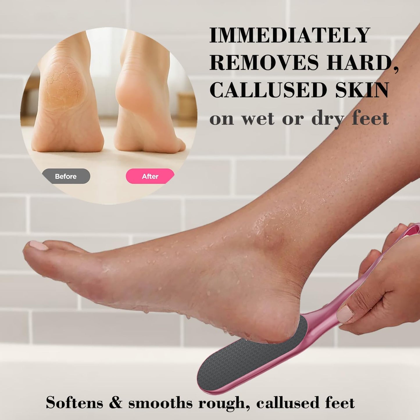 Nano Glass Foot File, Foot Callus Remover & Foot Scrubber for Smooth Feet, Professional Pedicure Tool (Heel Socks & Cracked Heel Stick Included), Pink
