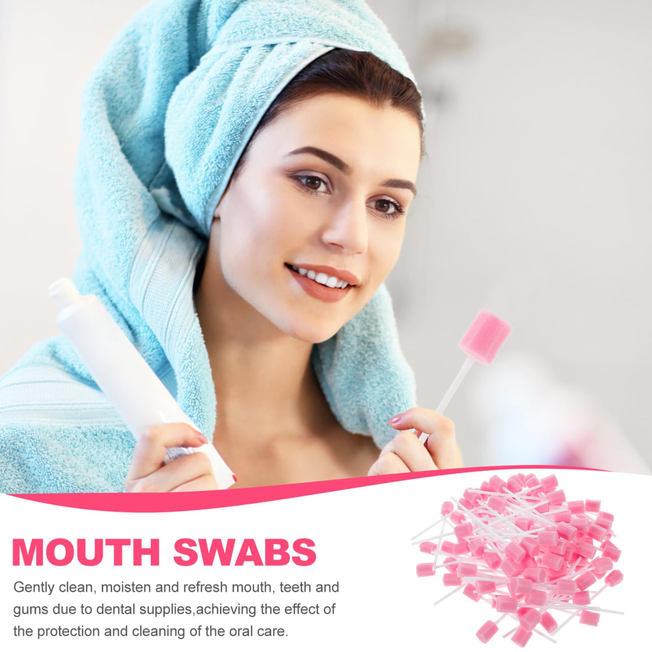 Healifty 200Pcs Disposable Oral Swabs Sponge, Unflavored Mouth Cleaning Tooth, Foam Toothbrush Swabsticks for Elderly Bedridden Care & Baby Tongue Cleaner Pink