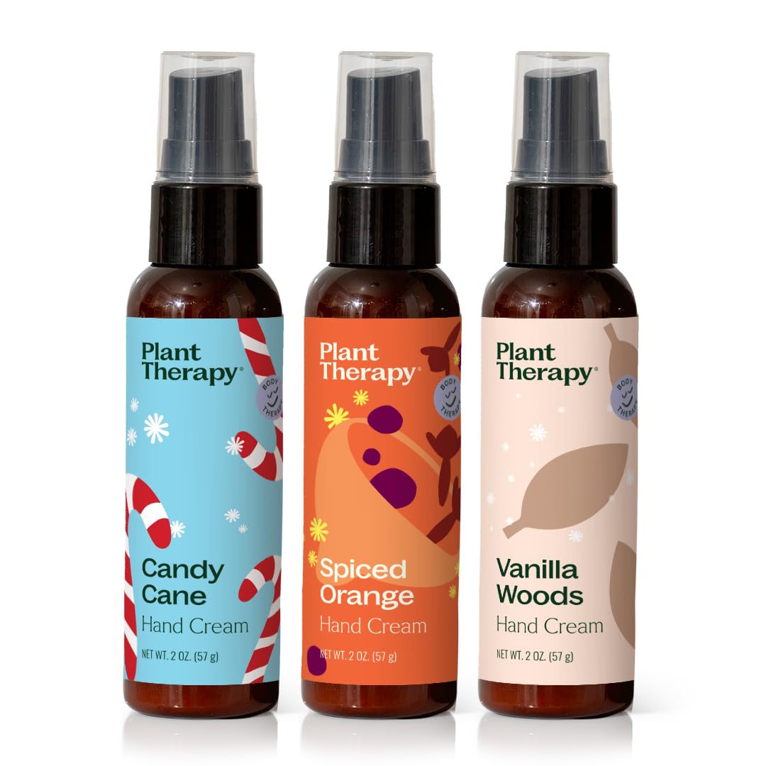 Plant Therapy Frosted Holiday Hand Cream Trio Set, Festive Trio with Three Seasonal Scents, Silky, Non-Greasy Hydration Anytime, Anywhere, Perfect for Gifting, Travel, or Stockings, Naturally Scented