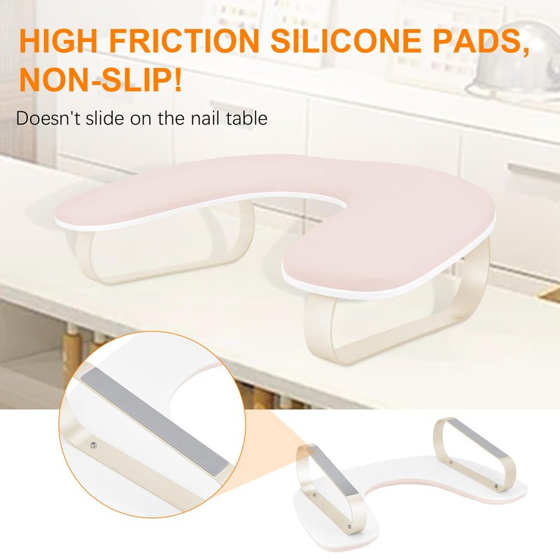 Arm Rest for Nails Tech Upgraded 10° Inclined, U-Shaped Manicure Nail Arm Rest Stand, Pink Nail Armrest for Nail Tech Hand Rests with Gold Aluminum Alloy Holder Non-Slip