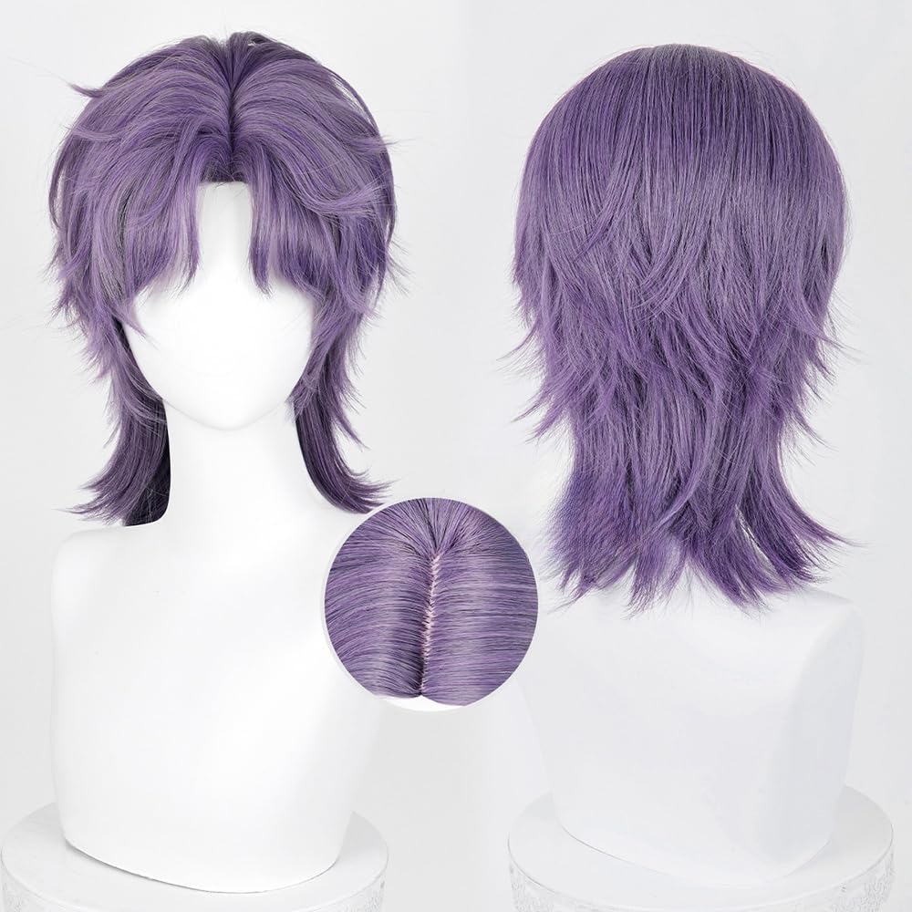 huafan luxkazya Mens Purple Grey Cosplay Wigs Male Short Wolf Cut Layered Mullet Wig Realistic Anime Costume Wigs Heat Resistant Synthetic Wig for Halloween Party