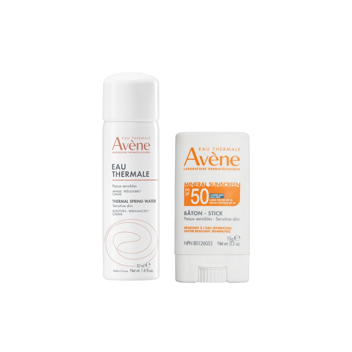 Avène Thermal Spring Water, Soothing Calming Facial Mist Spray for Sensitive Skin, 1.6 Oz Mineral Sunscreen Stick SPF 50, 0.5 Oz