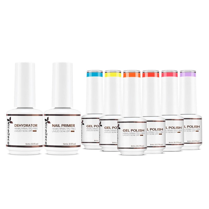 Gel Nail Polish Set - 6 Neon Colors with Nail Primer & Dehydrator | 15ml Each
