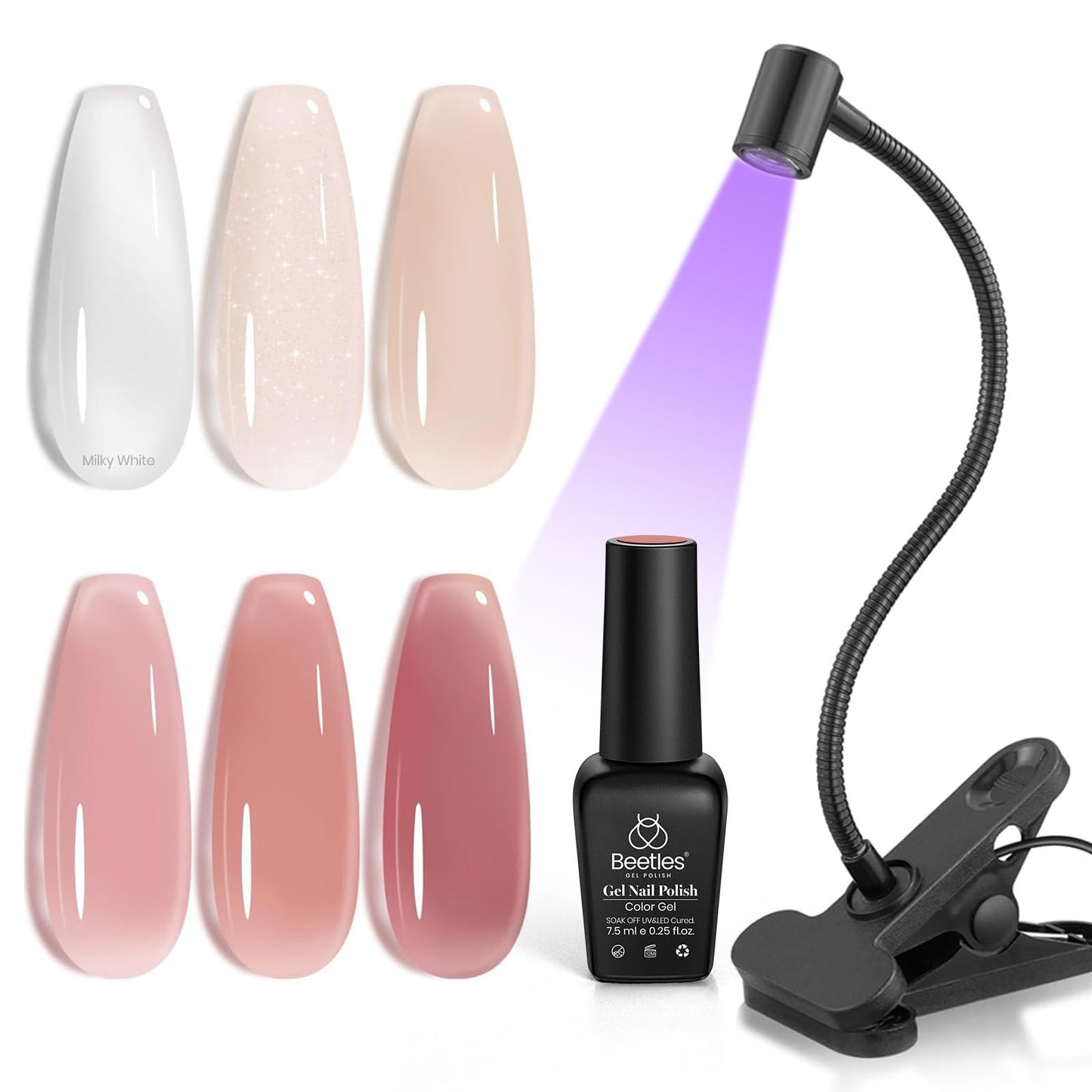 Beetles Jelly Gel Nail Polish Set 6 Colors with Uv Nail Lamp for Gel Nails Mini LED Nail Light with Clamp for Manicure Dryer Curing Lamp Salon DIY at Home