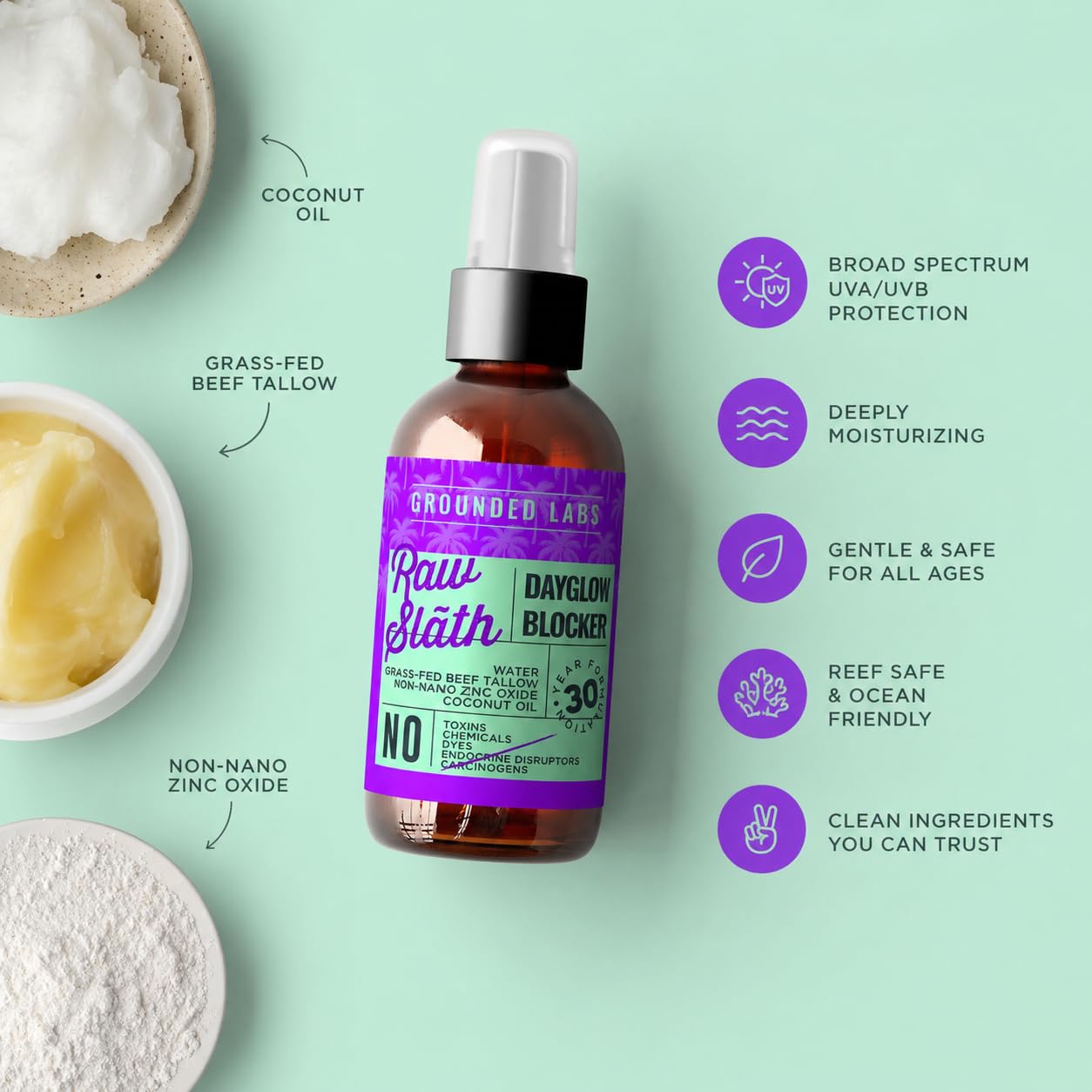 GROUNDED LABS Beef Tallow and Zinc Oxide Chemical-Free Sunscreen with 100% Grass-Fed Beef Tallow, Reef-Safe Non-Nano Zinc Oxide & Coconut Oil Mineral Sunblock SPF 30