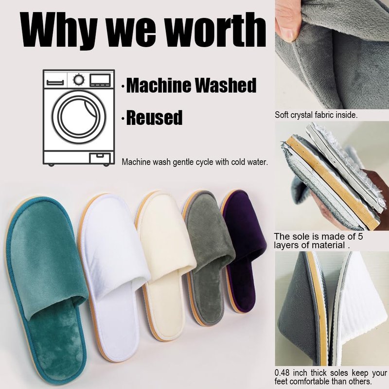 GONG GONG Non Slip Disposable Slippers, 6-12 Pairs, Washable, Reusable, Closed Toe, Crystal Velvet (Grey+White 6Pairs, Adult, Men, Large, Alpha, US Footwear Size System, Medium)