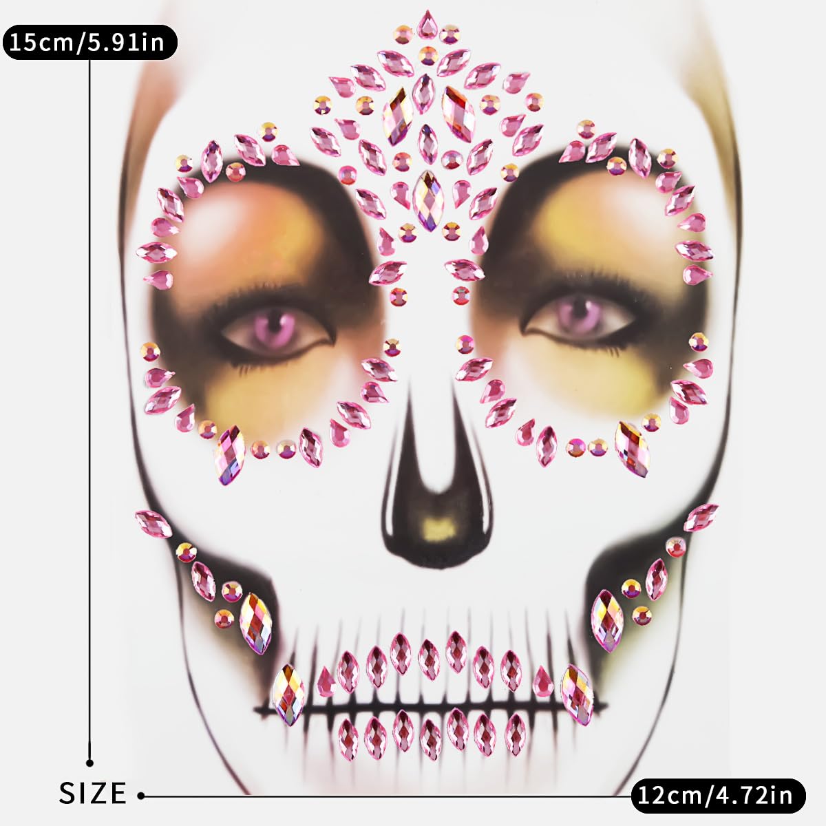 Day Of The Dead Skull Pink Face Stickers Gems Jewels Rhinestone Skeleton Gem Face Decal Temporary Tattoo Kit For Halloween Festival Rave Party Outfit Men Women Hollowing Prank Makeup