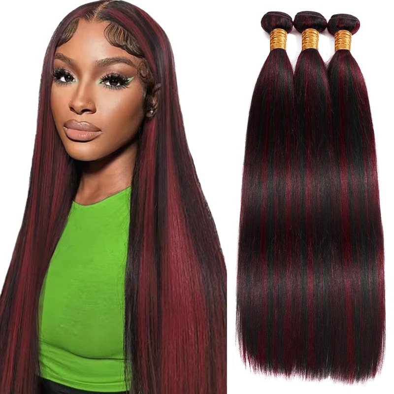 Highlight Straight Human Hair Bundles - Two Tone Black & Red Ombre | 3 Pack 12-14-16 Inch