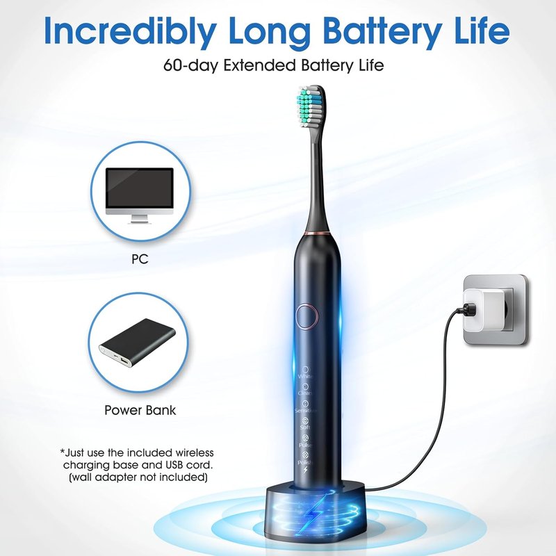 Sonic Electric Toothbrush for Adults & Teens - 8 Brush Heads, IPX7 Waterproof, 6 Modes | Black