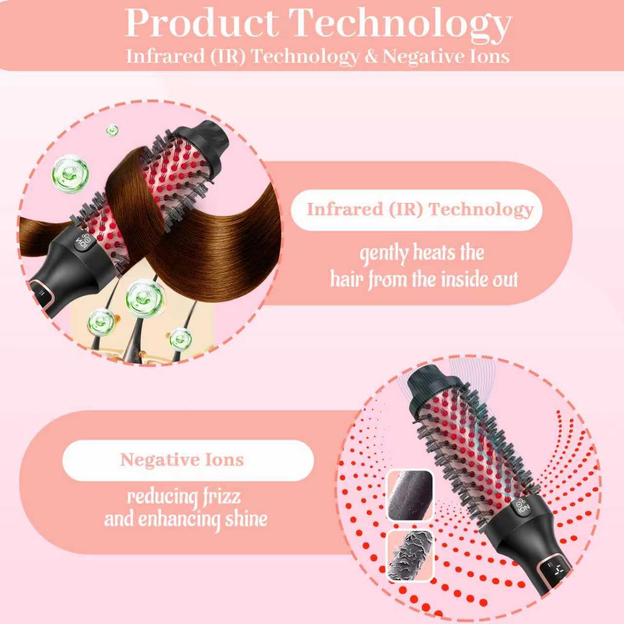 Upgraded Infrared Bounce Brush, Heated Thermal Round Brush with 5 Heat Settings & LED Display, 1.5 Inch lonic for Hair Straightener & Curling Wand, Dual Voltage, Blowout Look, Gifts for Women