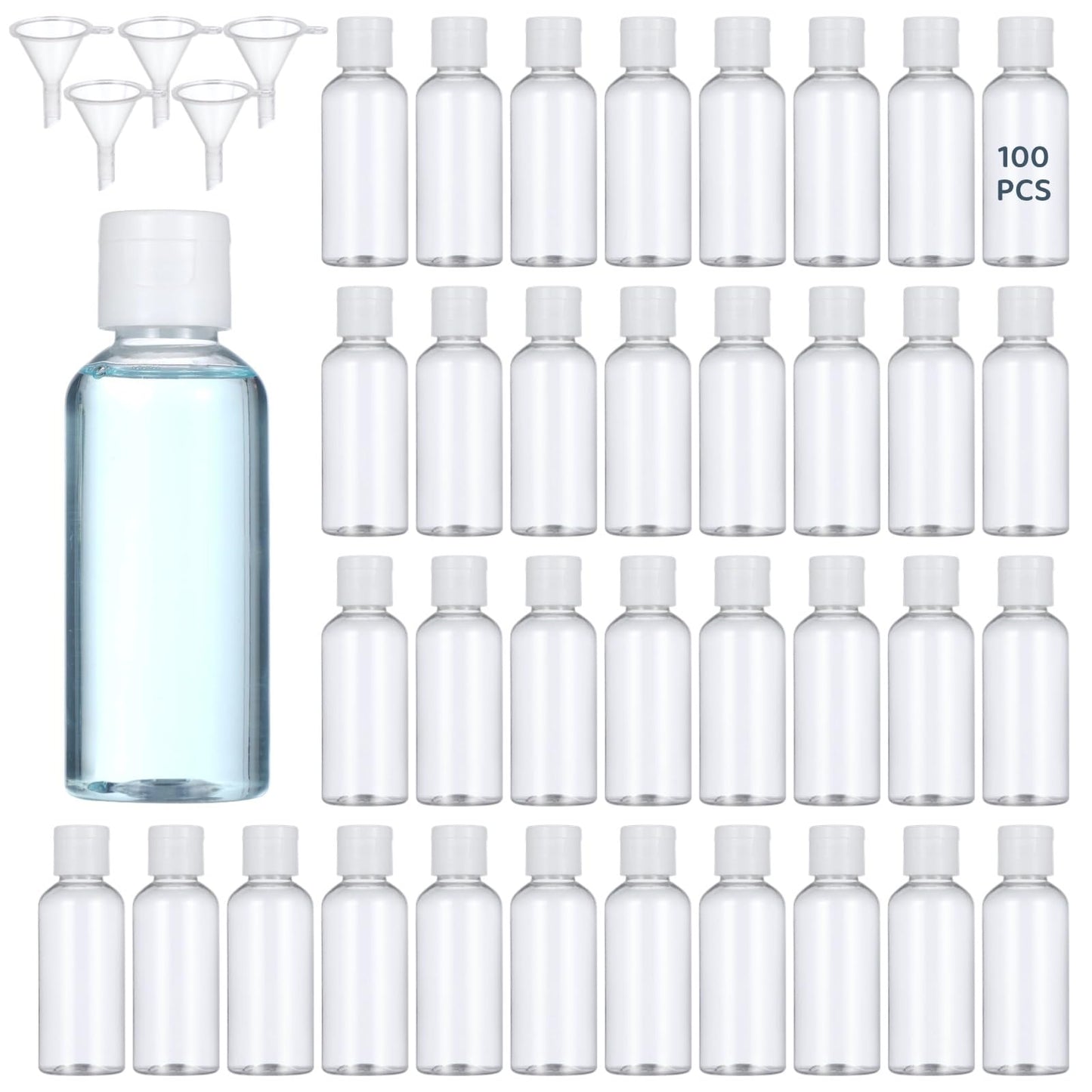 100 Pack 2 oz Plastic Empty Travel Bottles with Flip Cap 60ml Travel Size Containers Portable Leak Proof Clear Plastic Bottles Refillable Dispensing Bottles for Liquid Shampoo Lotion White