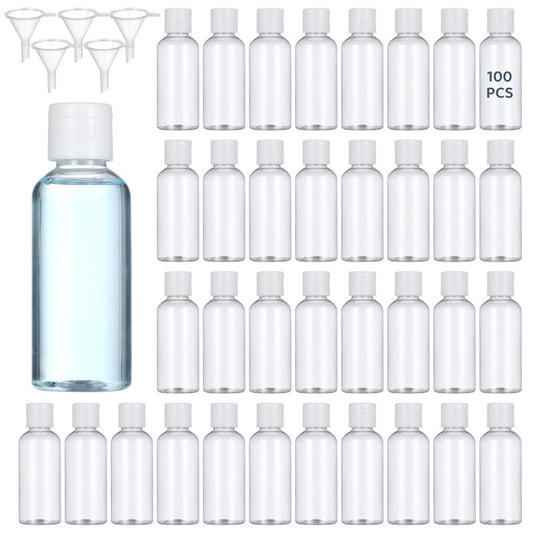 100 Pack 2 oz Plastic Empty Travel Bottles with Flip Cap 60ml Travel Size Containers Portable Leak Proof Clear Plastic Bottles Refillable Dispensing Bottles for Liquid Shampoo Lotion White