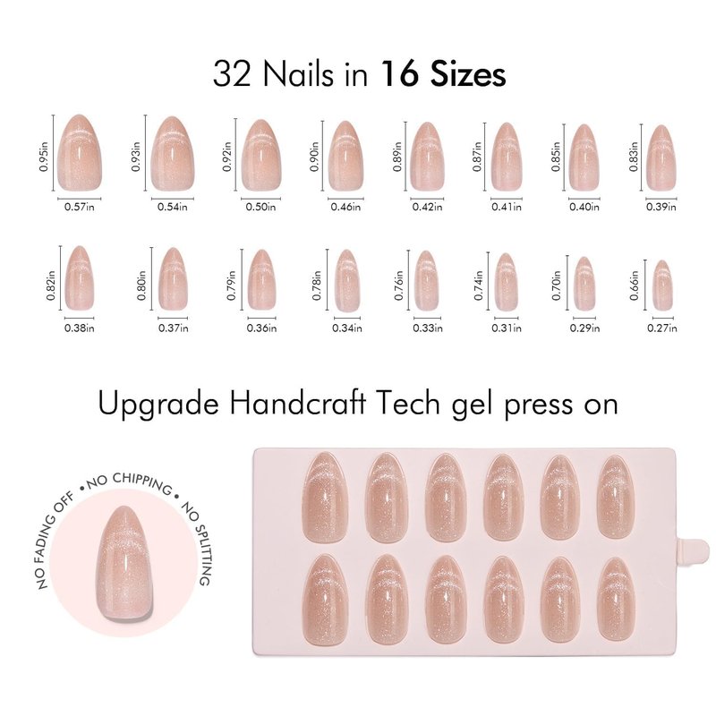 VSALON Almond Medium Press On Nails, Nude Radiant Cat Eye French Tip Sheer Finish Clean Look, Light-Curable 4-Weeks Wearing, Shimmer Nails Kit with Glues - 32 pcs in 16 Sizes