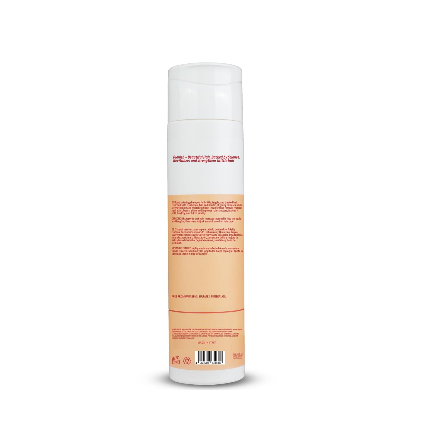 MANE HEAD Plenish Keratin Shampoo for Damaged Hair 8.5 fl oz - Restructuring Formula with Hyaluronic Acid - Restore Brittle & Fragile Treated Hair - Professional Italian Haircare