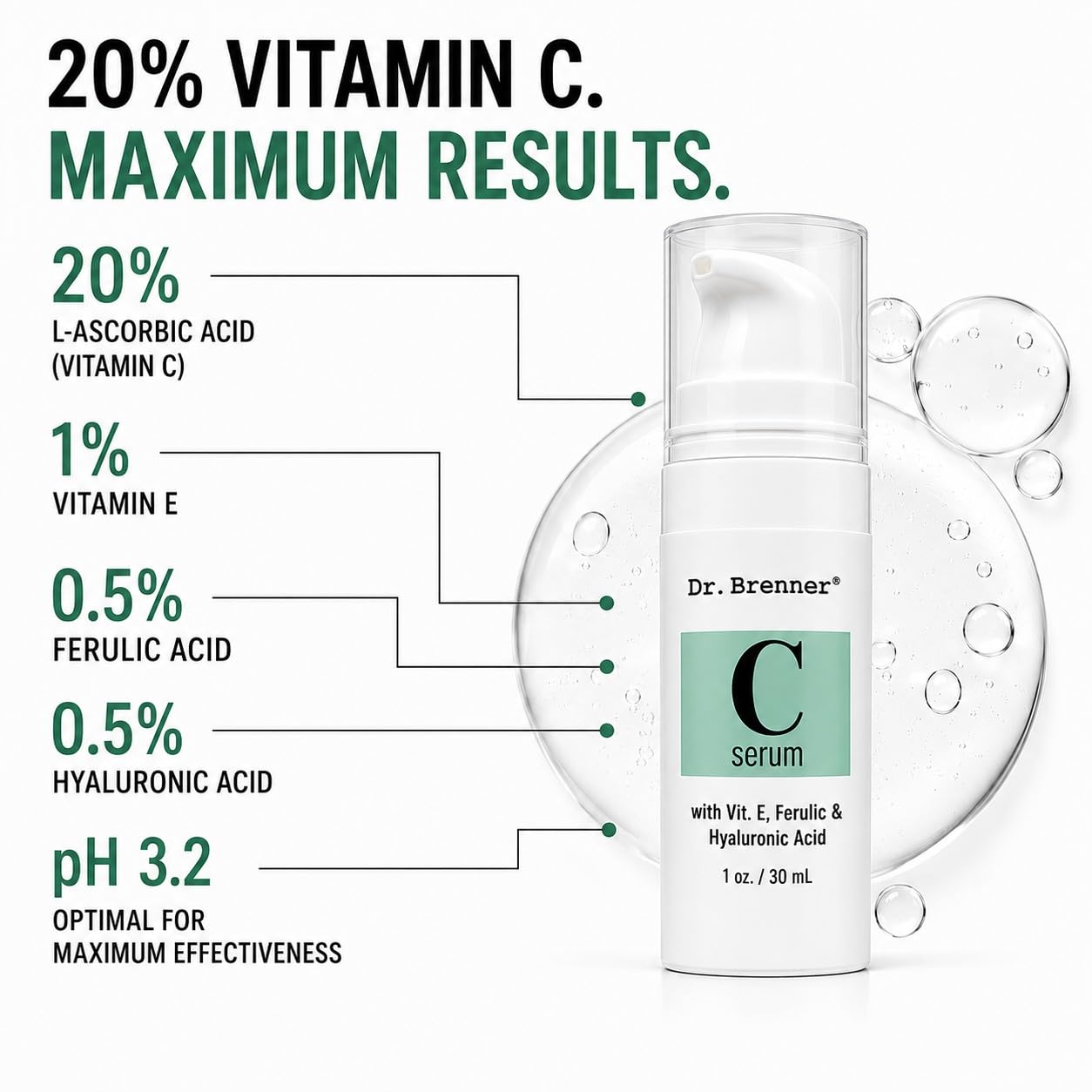 Vitamin C Serum 20% Pure L-Ascorbic Acid, Ferulic Acid, Vitamin E and Hyaluronic Acid for Face and Eyes Natural Anti Aging Anti Wrinkle 1oz. by Dr. Brenner