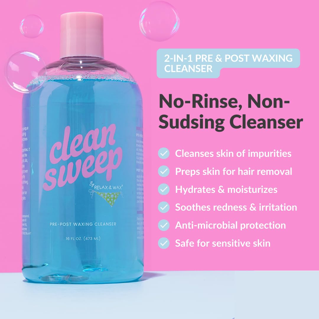 Relax and Wax Clean Sweep 2-in-1 Pre & Post Waxing Cleanser – No-Rinse, Anti-microbial & Moisturizing Formula – Removes Oil, Dirt & Makeup – Soothes & Preps Skin for Effective Waxing– 16oz