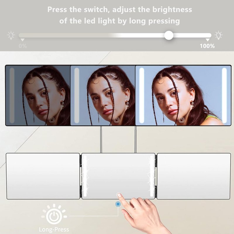 Trifold Mirror with Adjustable Height Brackets - 5X Magnification | LED Lighting for Haircuts & Makeup (White)