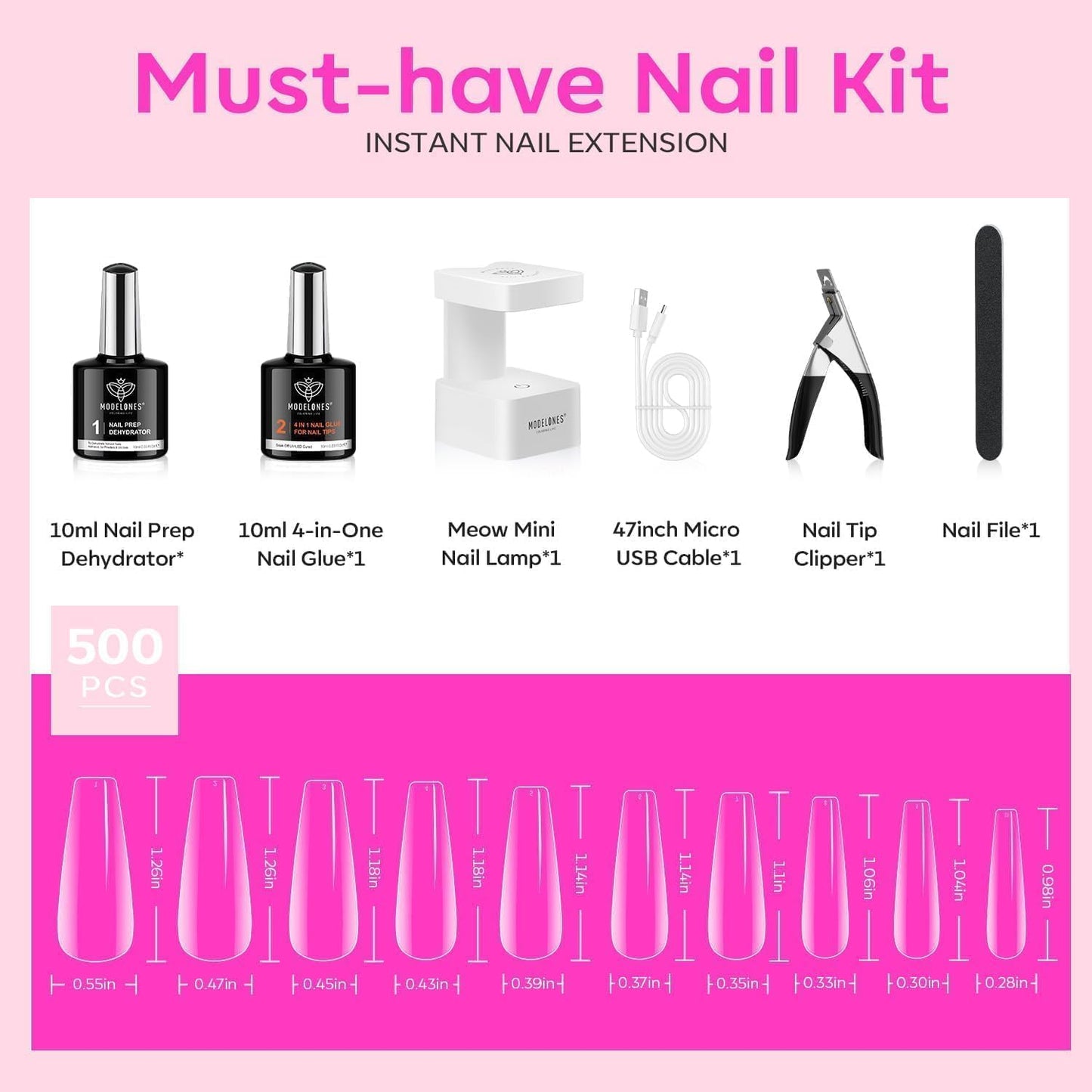 modelones500PCS 10 Sizes Long Coffin Gel Nail Tips& Gel Base and Top Coat Set, 9-in-One Glue Nail Dehydrator & Mini U V Light Clipper
