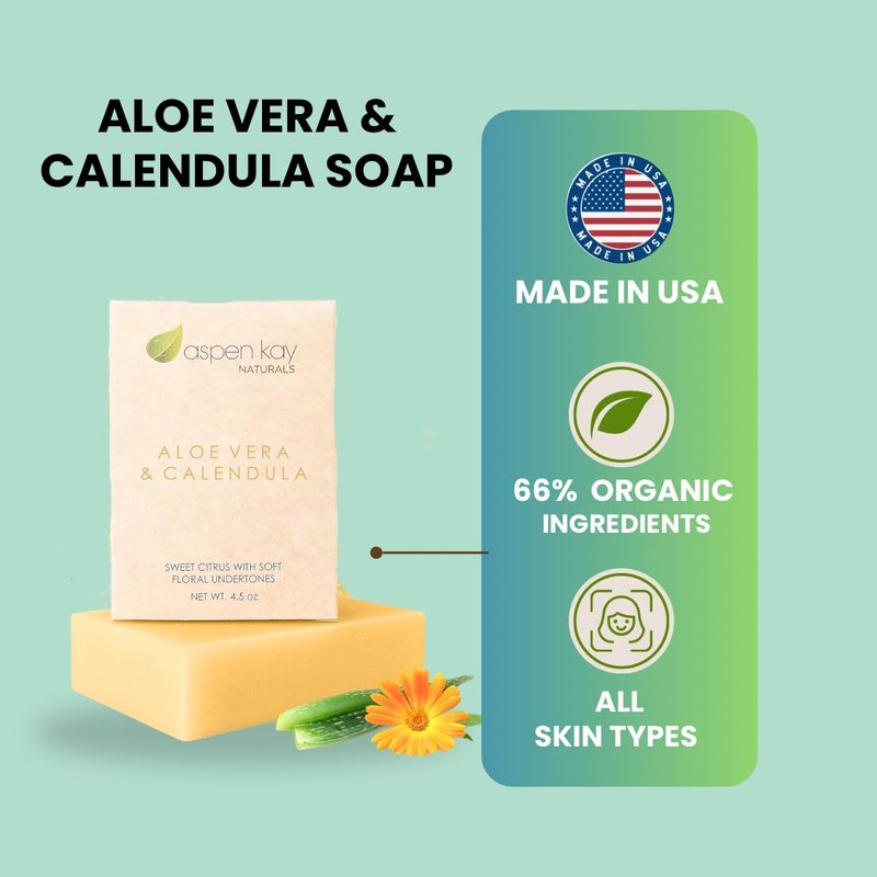 Aspen Kay Naturals Aloe Vera & Calendula Soap, Natural & Organic Ingredients, Organic Aloe Vera, Calendula & Turmeric Soap. Use for Face & Body. for Men, Women & Teens. Gentle Face Wash. (3 pack)