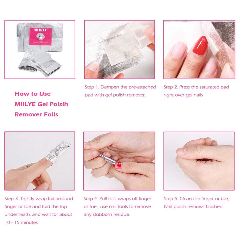 MIILYE Nail Polish Remover Foil Wraps for Acrylic/Dip Powder/UV/Gel/Polish Varnish Soak-off Removal, with Pre-attached Lint Free Pad (300x Nail Gel Polish Remover Wraps)
