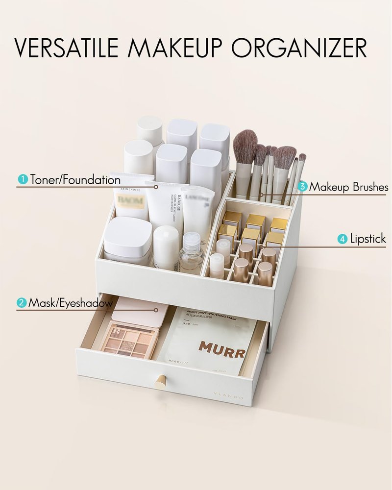VLANDO Makeup Organzier,Vanity Organizer with Drawers, PU Leather Skincare Organizer Perfume Organizer,Large Cosmetic Display Case for Lipstick,Brushes Gifts for Women-White