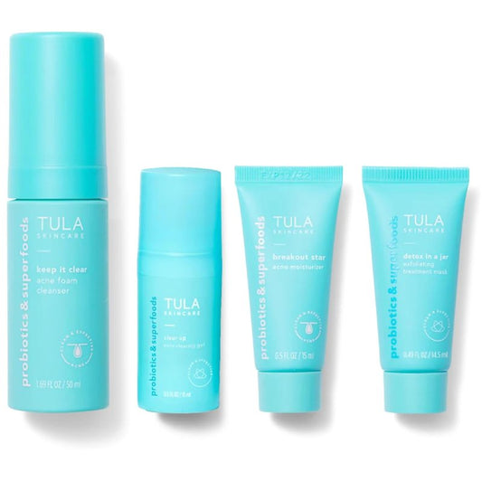 TULA Skin Care Clear Skin Starters Acne Treatment Kit | 4-Piece Foam Cleanser, Gel, Moisturizer & Mask