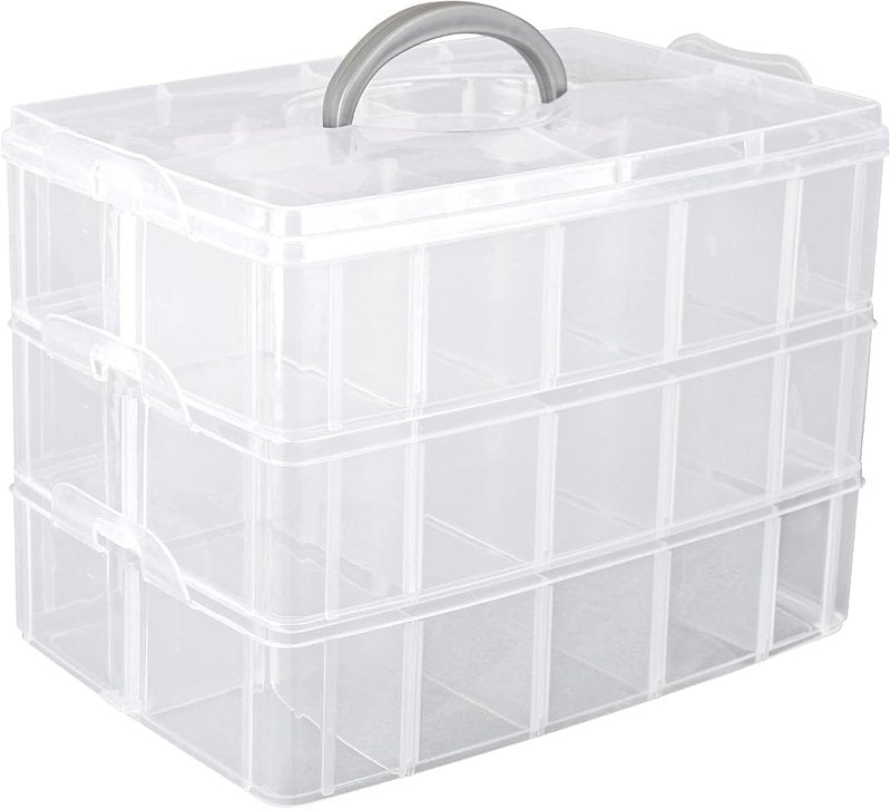 Clear 3-Tier Stackable Storage Container - Adjustable Nail Art Organizer with 30 Compartments | Craft Supply Box