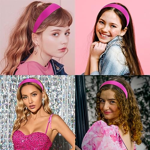 Wecoe Hot Pink Headband 1.2 Inch Wide Silk Satin Headband Women Non Slip Fashion Back to School Plain Head Band Solid Hair Band DIY Holiday Hair Accessories for Women Girls Diademas Para Mujer Gifts