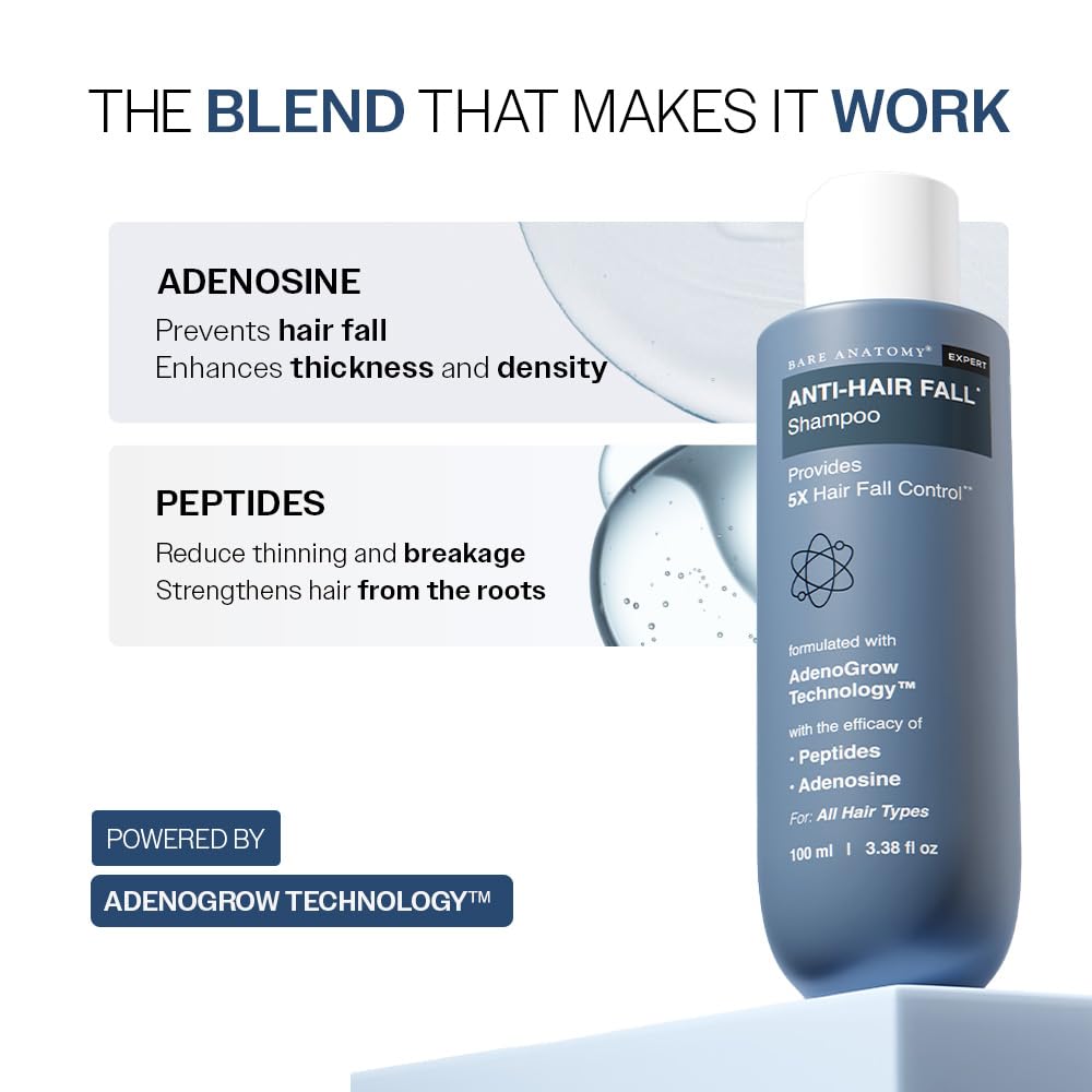 Bare Anatomy Anti-Hair Fall Shampoo | Provides 5x Hair Fall Control | pH 4.6 | Adenosine & Peptides | Strengthens Weak Roots & Reduces Breakage | Sulphate & Paraben Free | Unisex | 100ml