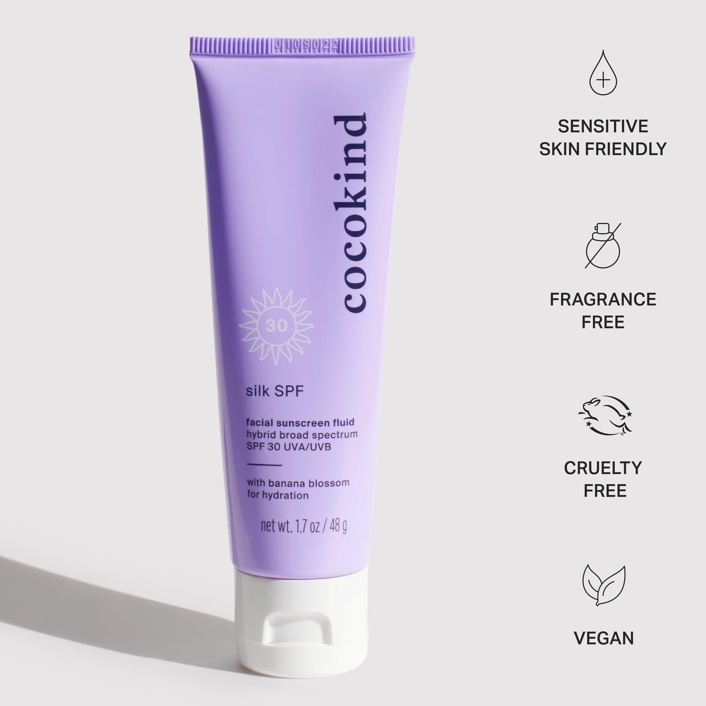 Cocokind Silk SPF Sunscreen, Lightweight Sunscreen for UVA and UVB Protection, Broad Spectrum SPF 30, Sensitive Skin Friendly with Zinc Oxide, Non-Greasy, 1.7 oz