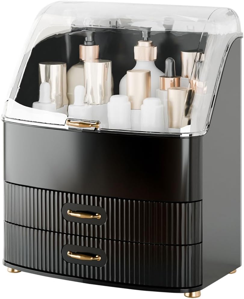 Makeup Organizer - Waterproof Dustproof Vanity with Transparent Lid & Drawers | Black Cosmetic Storage for Women & Teens