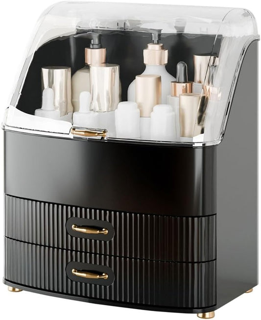 Makeup Organizer - Waterproof Dustproof Vanity with Transparent Lid & Drawers | Black Cosmetic Storage for Women & Teens