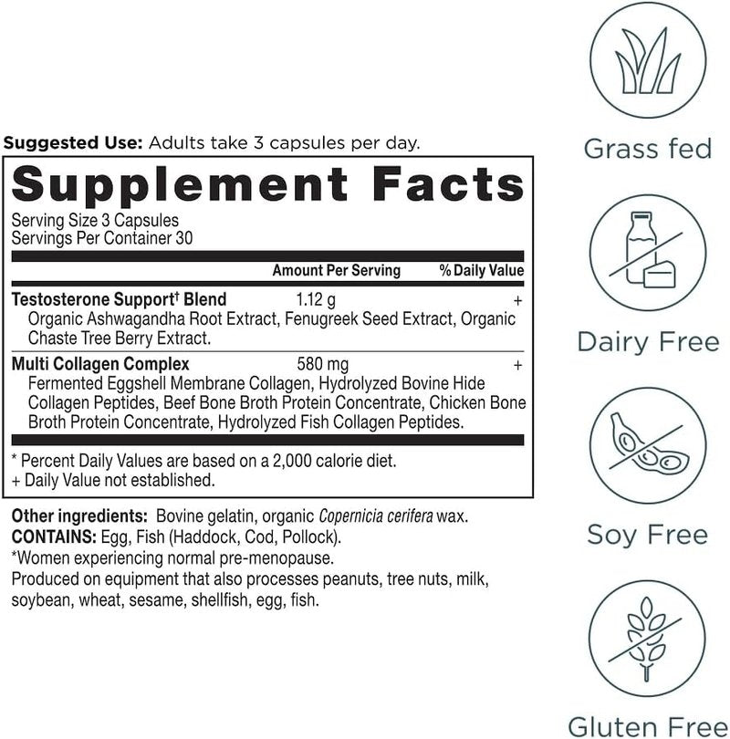 Testosterone Support Supplement - Hydrolyzed Collagen Peptides for Female Hormone Balance | 90 Capsules