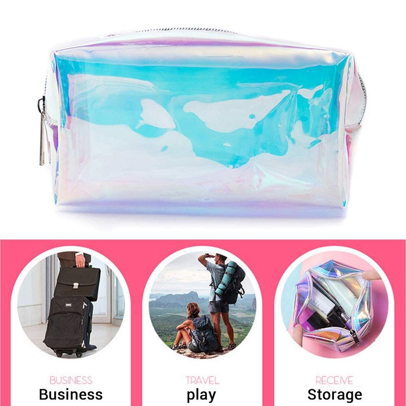 Large Holographic Makeup Bag - TPU Cosmetic Bag with See Through Design, Travel Cosmetic Toiletry Bag Organizer Case with Zipper for Women
