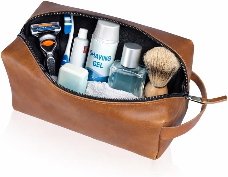 Buffalo Leather Dopp Kit - Travel Toiletry Bag for Men & Women | Zipper Closure, Tan Color