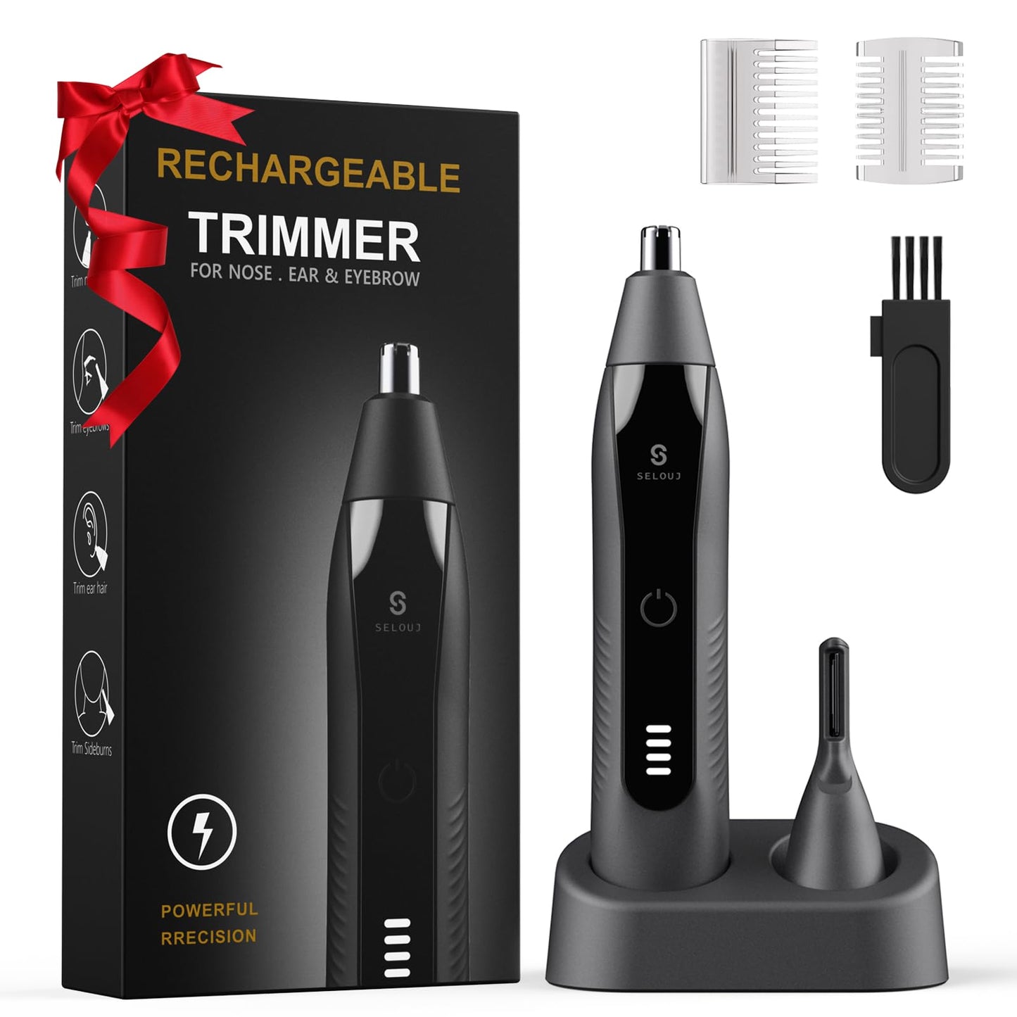 Selouj Ear and Nose Hair Trimmer for Men, 2026 Professional Painless USB Rechargeable Eyebrow & Facial Electric Hair Trimmer for Men Women, Powerful Motor, Dual Edge Blades, IPX7 Waterproof, Cool Gray