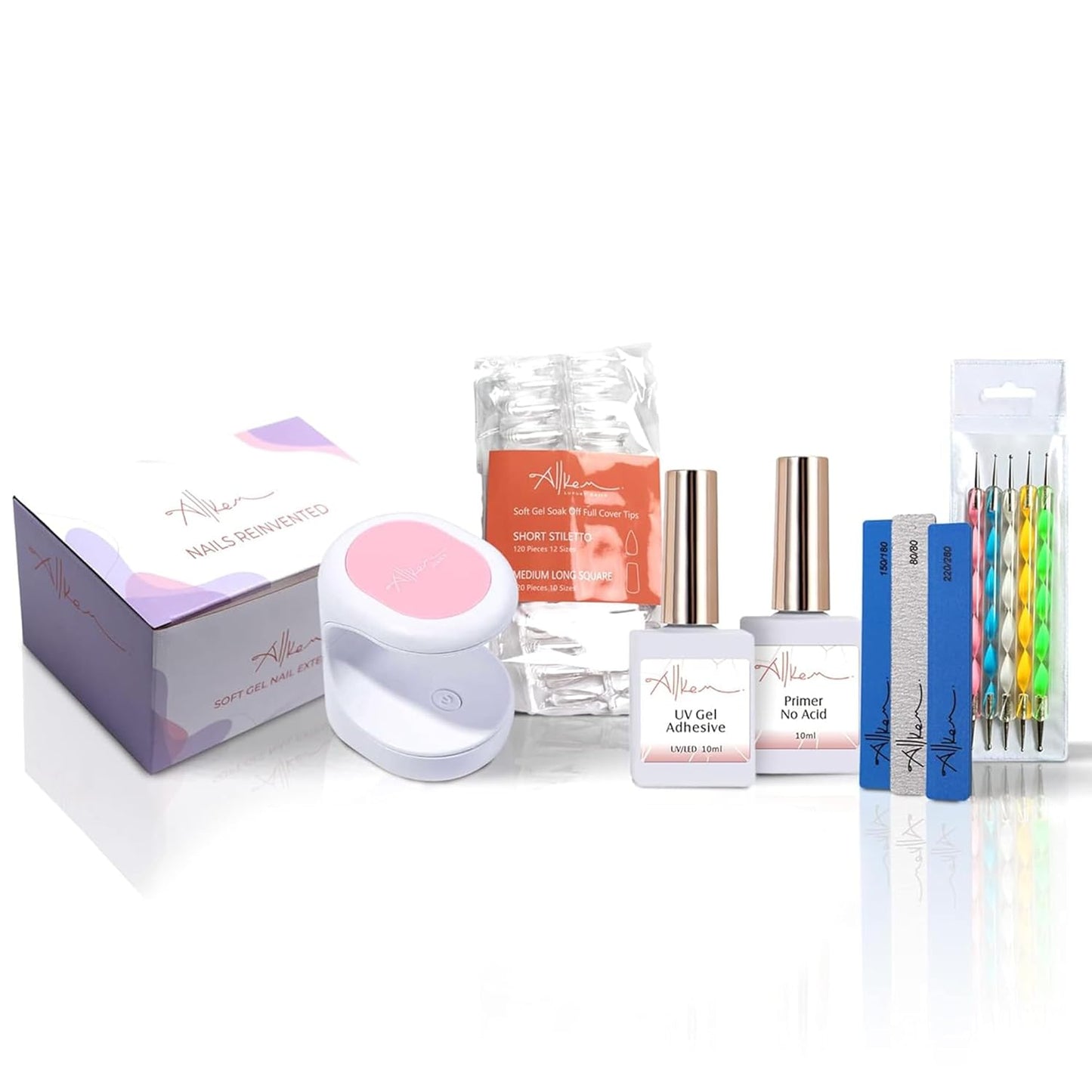 Soft Gel Nail Tips & UV Glue Gel Set - 240 Pcs Short Stiletto & Medium Square Extensions with Portable UV Light