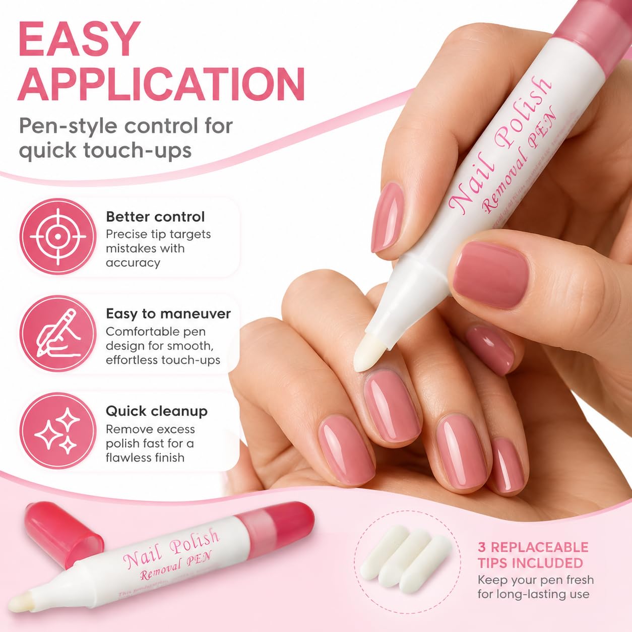 Nail Polish Corrector Pen with 3 Replaceable Tips - Manicure Tool for Quick Nail Art Mistakes Cleanup