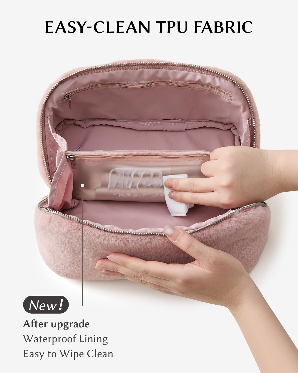 EACHY Travel Makeup Bag,Cute Faux Fur Cosmetic Bag for Women,Portable 180°Wide-Open Flat Make Up Bag,Large Capacity Makeup Pouch Make Up Organizer with Divider and Handle