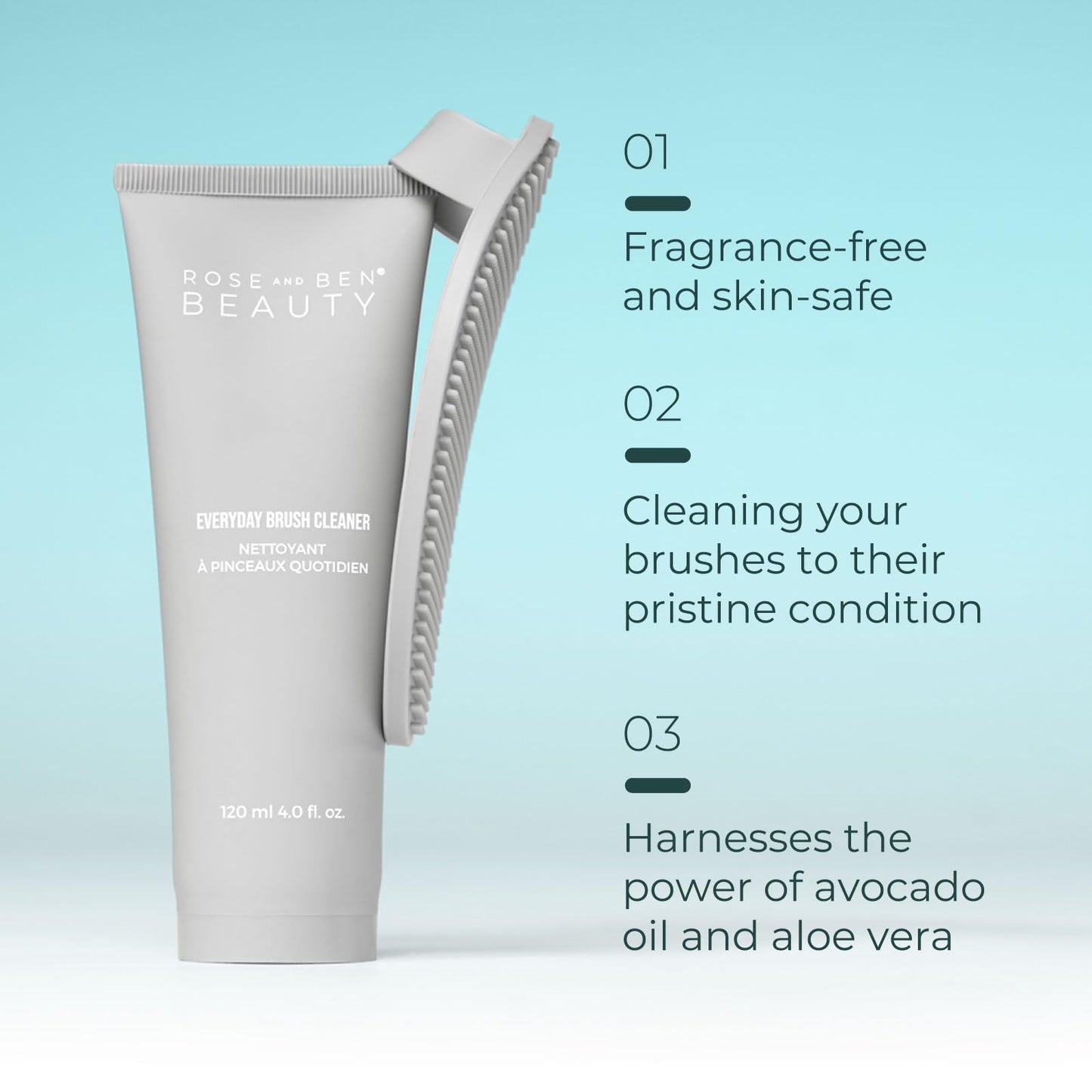 Rose and Ben Beauty Everyday Brush Cleaner | Fragrance-Free Gel Formula | Gentle and Nourishing with Avocado Oil & Aloe Vera | Professional Makeup Brush Cleanser | Vegan, Cruelty-Free