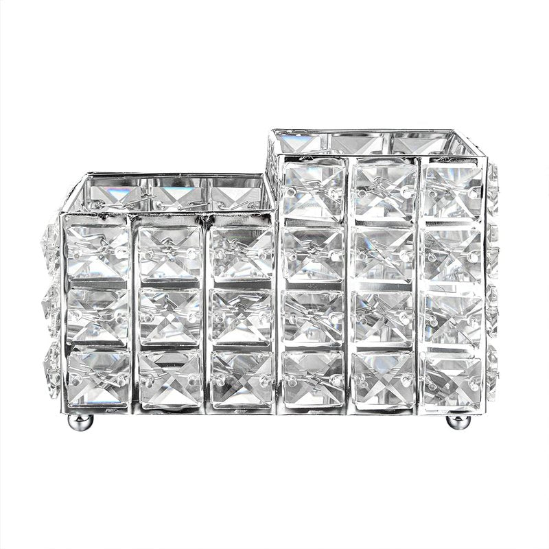 LUEXBOX Crystal Makeup Brush Holder, One-Piece Square Brush Organizer, Cosmetics Brush Storage Container for Table, Dresser, Bathroom, Bedroom Organization (Silver)