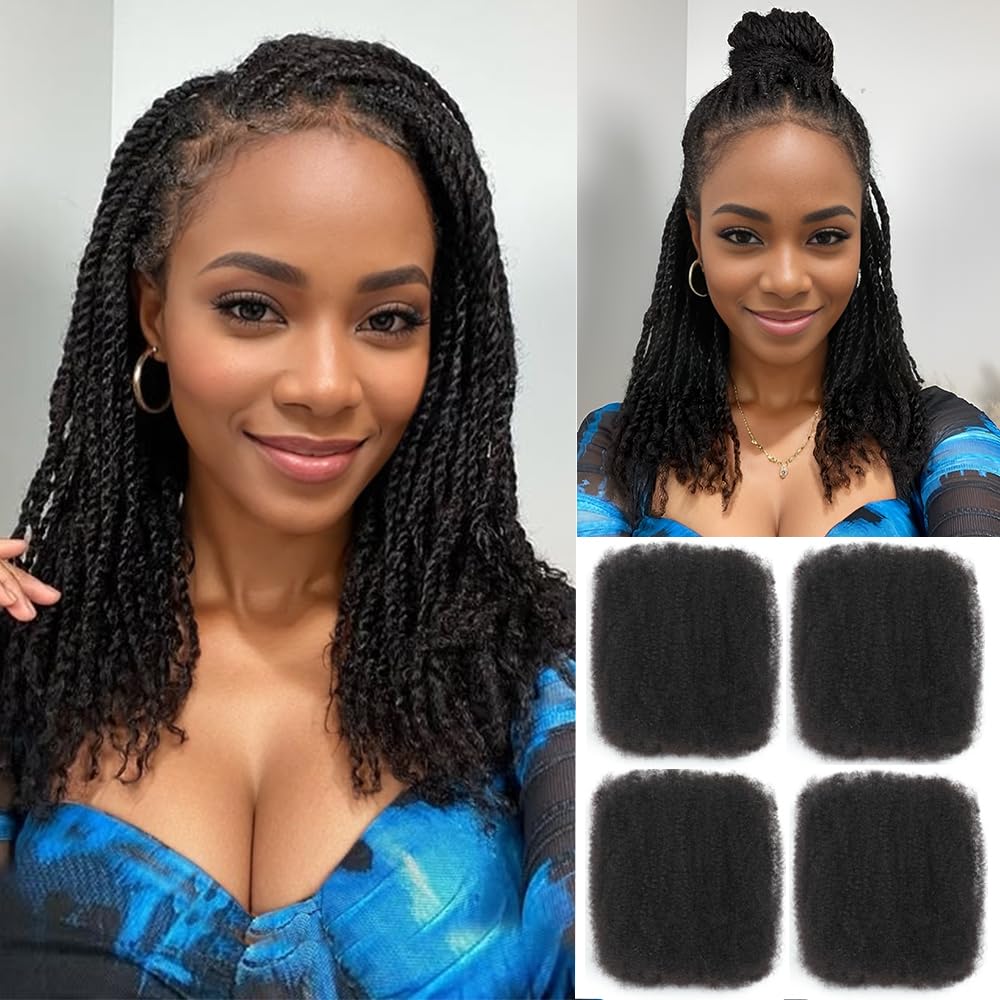 Afro Kinkys Bulk Human Hair 16 Inch 4 Bundles Afro Kinky-curly Human Braiding Hair Bulk for Spring Hair Twist Dreadlock Extensions Locs Braids Repair 70g Natural Color#